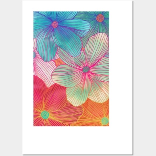 Between the Lines 2 - tropical flowers in purple, pink, blue & orange Posters and Art